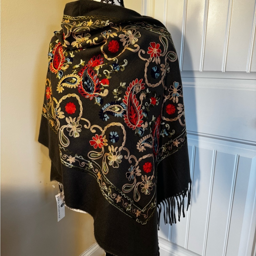 Jessica McClintock Flannel Embroidered  Shawl Grey w/Colorful Floral Design NWT